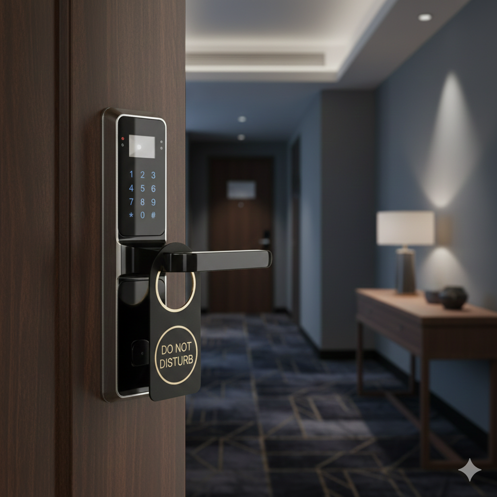 Smart QR code door lock installed on a hotel room door